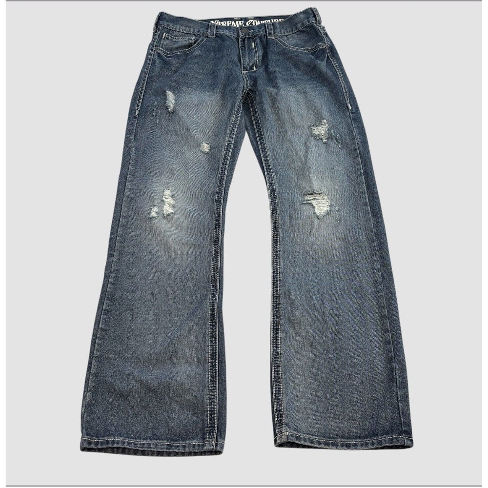 Xtreme Couture Men's 34x31 Jeans Distressed Embroidered Flap Pocket Y2K Bootcut